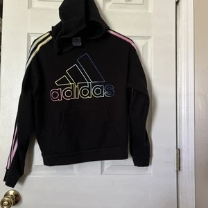 Adidas Girls Hoodie Black Rainbow Logo Pullover Youth Size 16 - Picture 1 of 7