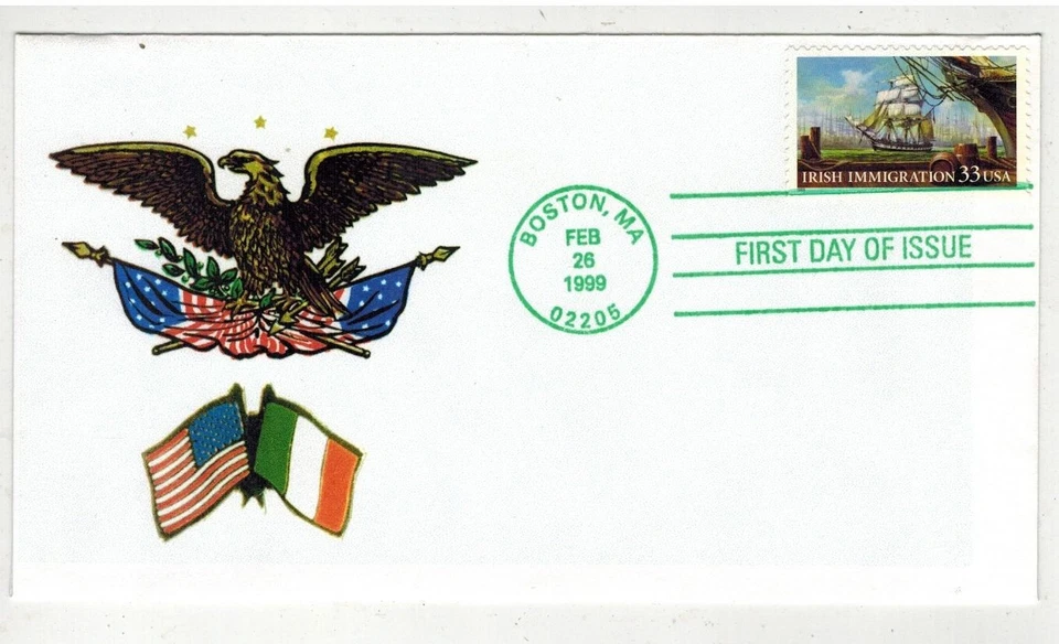 IRISH IMMIGRATION STAMP FDC 3286 RARE CLANCY BOSTON GREEN CANCEL EAGLE/FLAGS - Image 1 of 1