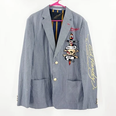 Ed Hardy Christian Audigier 男式大号运动外套 Y2K 条纹刺绣西装外套 — 第 1/4 张图片