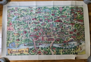 Vtg 1981 Paris & Assoc Lynchburg VA Illustrated Town Map Wall Print/Poster - Picture 1 of 22