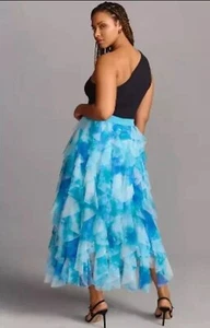 Anthropologie Midi Skirt Blue Cheri Ruffle Tulle Elastic Waist Preppy Sz S NWT - Picture 1 of 10