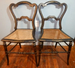 Pair Victorian Bedroom Chairs Black with Gold cane seats - Picture 1 of 24