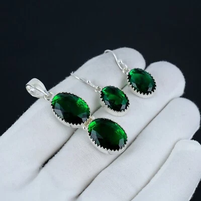Conjunto de pingente e brincos de prata esterlina 925 com pedra preciosa diópsido cromada para presentes - Imagem 1 de 4