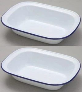 2 x Falcon Oblong Enamel Pie Dish Non Stick Oven Baking Dish White Blue Rim 22cm - Picture 1 of 2