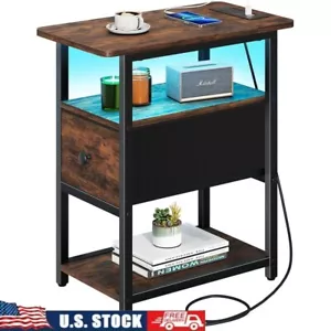 Narrow End Table W/ Charging Station Adjustable Drawer LED Light Nightstand New - Picture 1 of 9