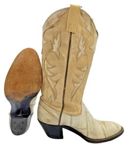 Vtg Dan Post Cowboy Cowgirl Boots Sz 8 Tan 2 Tone Patchwork Retro Distressed 13" - Picture 1 of 24