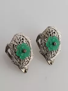 Sterling Silver pair of Earrings Filigree w/ carved jade / green colored florals - Picture 1 of 5