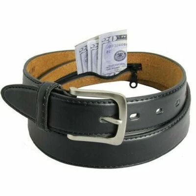Genuine Leather Men Casual Money Zipper Safe Dark Brown Belt S M L XL. 1.1/4" W - Image 1 of 4