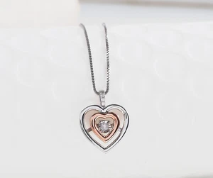 10K Rose Gold Sterling Silver 1/20Ct Diamond Twin Heart Pendant Necklace - Picture 1 of 8