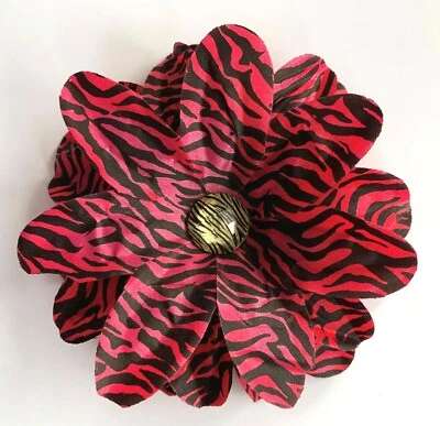 5" Red & Black Zebra Stripes Print Tropical Lily Silk Flower Hair Clip Luau - Image 1 of 2
