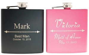 10 PERSONALIZED Flasks (5 black+5pink) for Bachelor Party, Wedding, Birthday - Picture 1 of 5