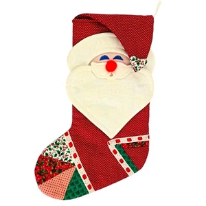 Vintage Handmade Christmas Stocking Patchwork Accents Kitschy 3D Santa 16.5" - Picture 1 of 8