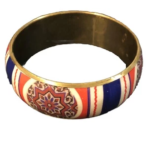 Vintage Messing und Emaille Armreif Armband marine orange weiß Akzent Boho 70er Mandala - Bild 1 von 7