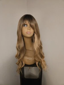 DARK OMBRE BLONDE LONG WAVY BANGS WIG WITH HIGHLIGHTS - Picture 1 of 7
