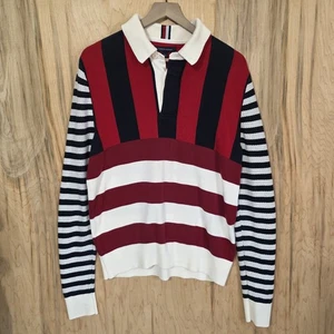 Suéter Tommy Hilfiger Para Hombres Mediano Rojo Azul Blanco Rugby Preppy Manga Larga Rayas  - Imagen 1 de 15