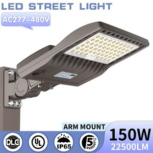 480V -150W LED Parking Lot Light Commercial Shoebox Fixture 22500LM + Arm Mount - Picture 1 of 10