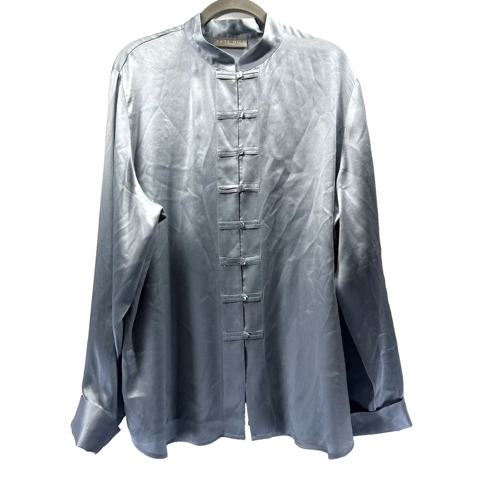 Blusa Top Kate Hill 100% Seda 18W Manga Larga Azul Puños Franceses Cuello Mandarín Foto 1 de 4