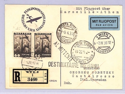 AUSTRIA Air 1937 Card FIRST FLIGHT Italy GREECE *Kastellorizo* {Joffe}WT143 - Image 1 of 4