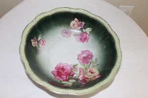 Antike Limoges grüne Schale mit rosa Rosen und Goldperlen Goldrand 10" quer - Bild 1 von 12
