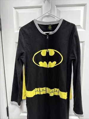 Batman Black Fleece Medium Pajama Suit One Piece Front Zip Halloween Costume - Image 1 of 4