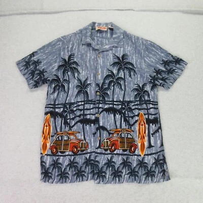 Camisa hawaiana Malibu Dreams para hombre gris mediana azul palmera coche surf playa árboles * Foto 1 de 4
