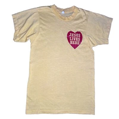 VTG 70s Jesus Lives Here Heart T Shirt Small Yellow Rare Christian Religious Tee - Image 1 of 3