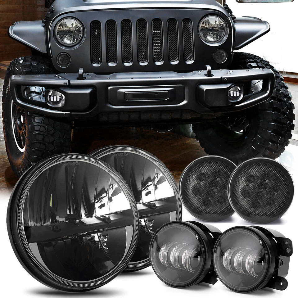 2007-17 For Jeep Wrangler JK DOT 7'' LED Headlights Fog Lights Turn Lights Combo - Image 1 of 4