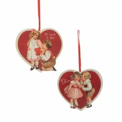 Bethany Lowe 2 enfeites de madeira estilo retrô coração dos namorados, 3 1/2" T, RL9789 NOVO COM ETIQUETAS - Imagem 1 de 4