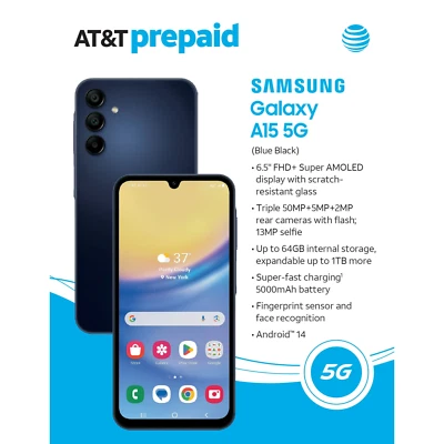 Samsung Galaxy A15 5G, 64GB, Blue Black - At&t Prepaid Smartphone - Brand New - Image 1 of 3