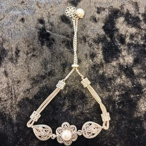 Vintage 925 Sterling Silver Pearl Bracelet Multi Band Slide Lock - Bild 1 von 9