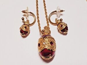 Joan Rivers Red Crystal and Enamel Crowned Egg Pendant Necklace and Earring Set