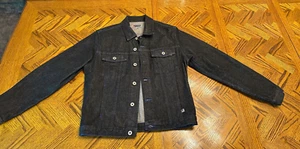 90s vintage GUESS made in the USA black Denim Jacket with blue crossstitch (L) - Picture 1 of 11