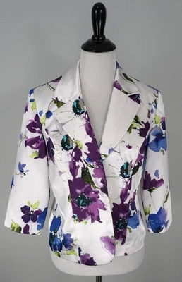Chaqueta Blazer Alex Evenings Blanca Púrpura Azul Floral Frente Abierto Talla MP Foto 1 de 4