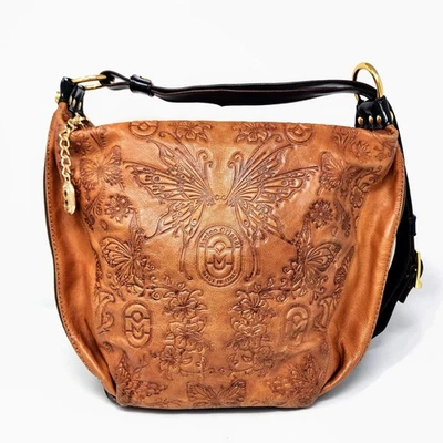 Bolso Convertible COÑAC Marrón Orlandi Cuero Italiano MARIPOSA EN RELIEVE Foto 1 de 4