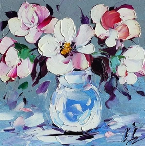 Original Ölgemälde Magnolie rosa Blumen Kunstwerk Floral Wandbild 6*6 Zoll - Bild 1 von 11
