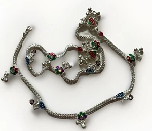 PAR DE TOBILLERAS DE PLATA ESTERLINA PAYAL VERDE ROJO ESMALTE MEENA BOLLYWOOD INDIA - Imagen 1 de 14