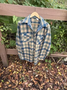 Vtg LL Bean Men's Sz L Beige Blue Wool Buffalo Plaid Shirt Jacket Freeport Maine - Picture 1 of 15