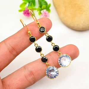 Black Spinel, White Topaz Gemstone Earring 925 Sterling Silver Handmade Jewelry - Picture 1 of 5