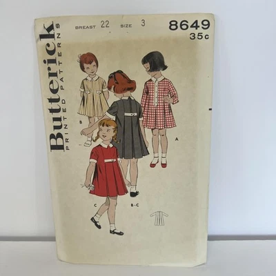 Vintage Butterick 8649 Girls Dress Sewing Pattern Size 3 Pleated Princess USA - Image 1 of 4