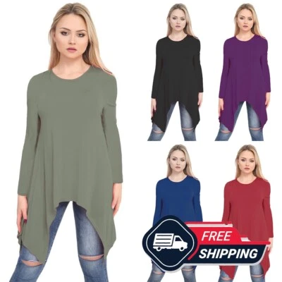 Womens Long Sleeve Hanky Hem Top Ladies Marl Baggy Oversized Swing Dress UK 8-26 - Image 1 of 4