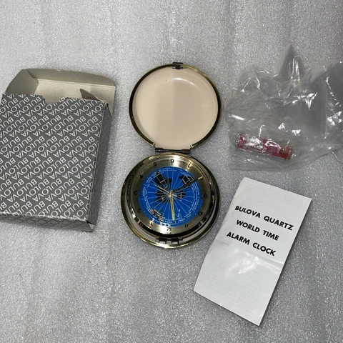 Vintage Bulova Quartz World Time Travel Alarm Clock Japan w/ Original Box Cover