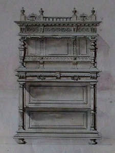 SCHMIT & CIE PARIS dessin original crayon et aquarelle circa 1900 meuble - Picture 1 of 6