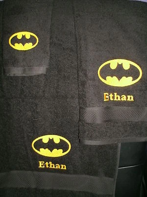 Batman Personalized 3 Piece Bath Towel Set Super Hero Batman Logo ANY Color - Image 1 of 4