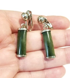 *Vintage Chinese Import Silver Tone Spinach Jade Dangle Earrings** - Picture 1 of 5