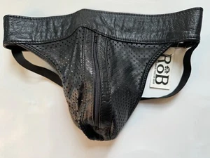 New $100 Rob Mister B Black Leather Zipper Jockstrap w/ elastic Sz S GAY Fetish - Picture 1 of 4