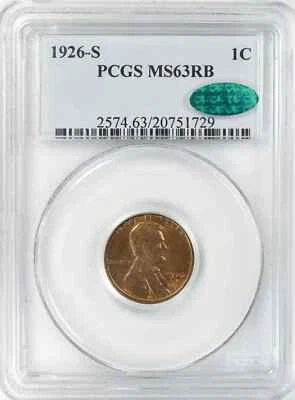 1926 S LINCOLN WHEAT CENT PENNY 1C PCGS & CAC CERTIFIED MS 63 RB MINT UNC (729) - Image 1 of 4