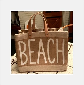 Tote Beach Farmers Market Mini Santa Barbara Design Jute Leather Handles 12.5in - Picture 1 of 9