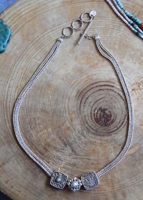 Lori Bonn ~ Collar doble de plata de ley con 3 dijes deslizables de perlas y letras 16-17" Foto 1 de 4