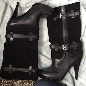 Cole Haan Kennedy Mid Calf Boots Heels NikeAir Buckle Women’s Black Leather 6.5 - Picture 1 of 10