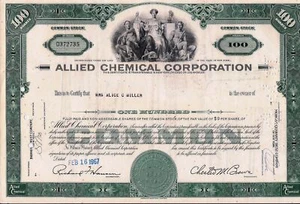 Stock Certificate Allied Chemical Corporation 100 Shares from 1960's - Picture 1 of 1